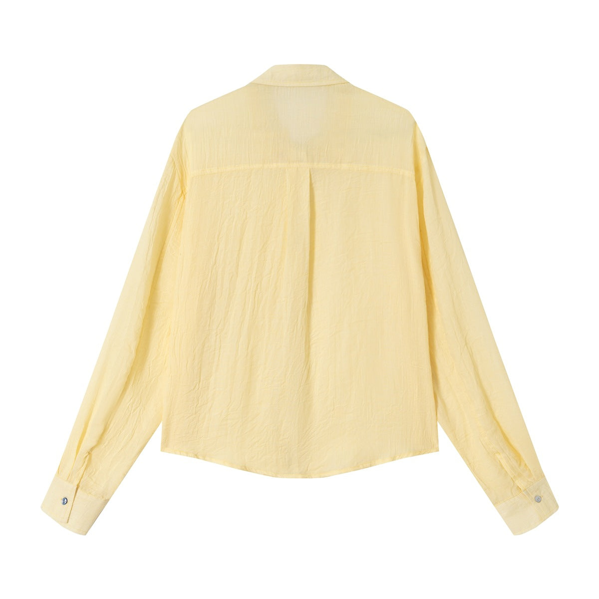 Back view of a pale yellow long-sleeve button-up shirt with a yoke seam and buttoned cuffs.