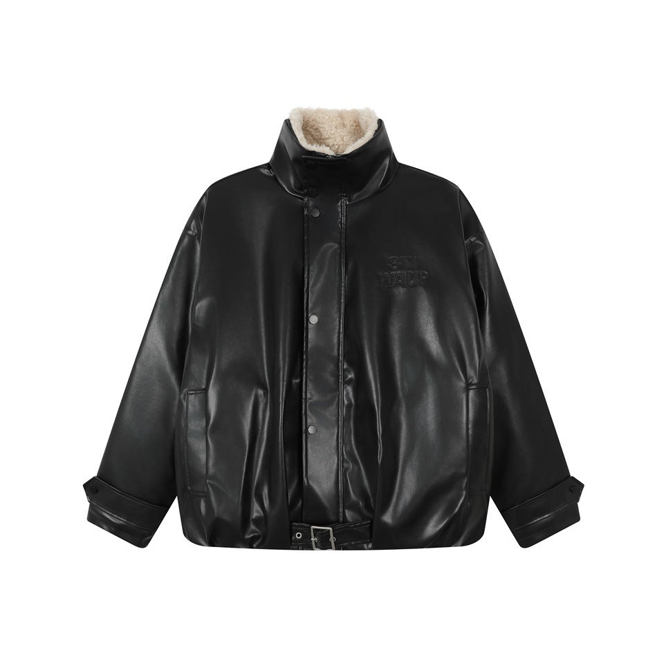 Black faux-leather-look jacket with cream fleece-like collar, snap front, hem belt and snap-tab cuffs