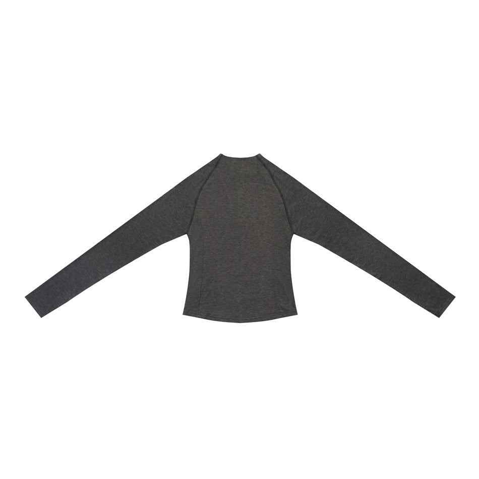 Back view of a charcoal gray long-sleeve top laid flat, with a high neckline and curved panel seams.