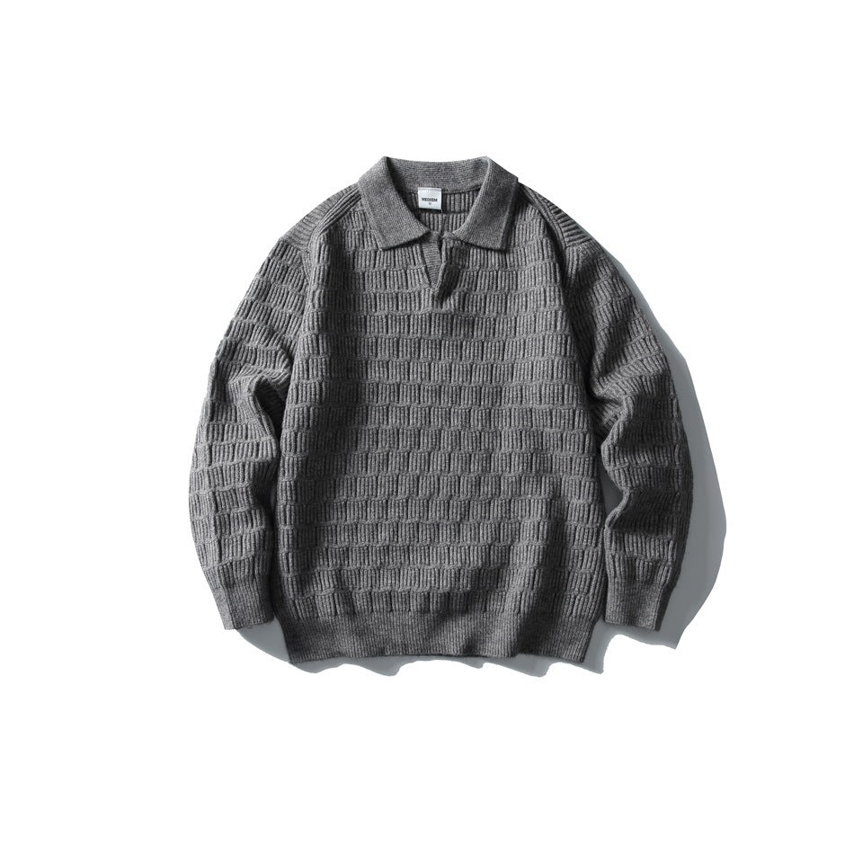Gray textured knit polo-collar sweater with V placket and ribbed cuffs, laid flat, front view