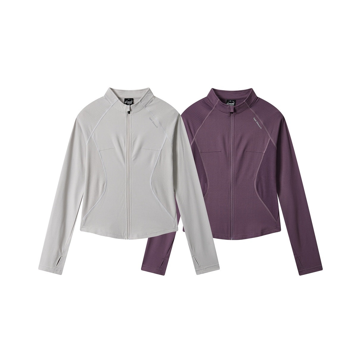 Two long-sleeve zip-up jackets shown from the front in light gray and purple.