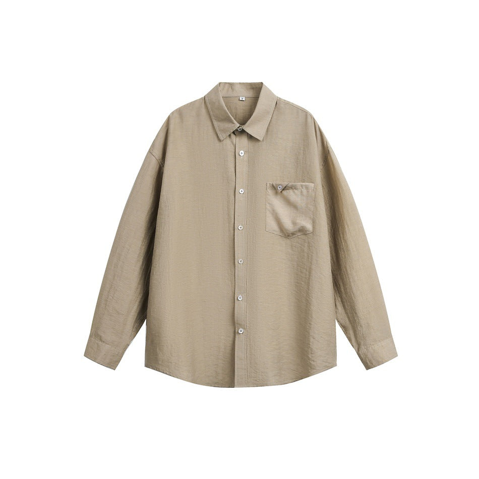 Khaki long-sleeve button-up shirt with pointed collar and chest pocket, flat lay front view