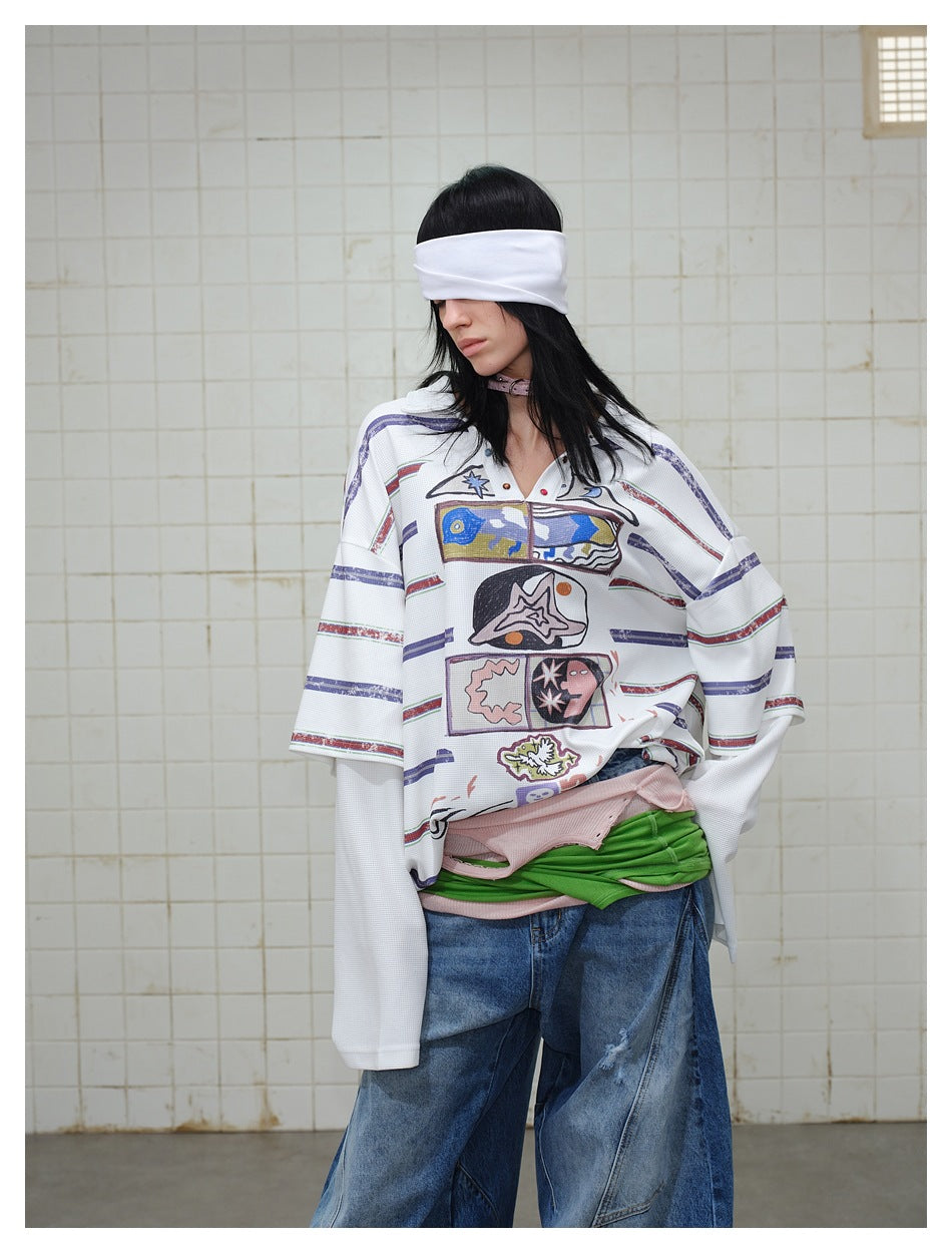 Model in a white oversized graphic polo with multicolor stripes and extra-long sleeves, shown at a slight angle.