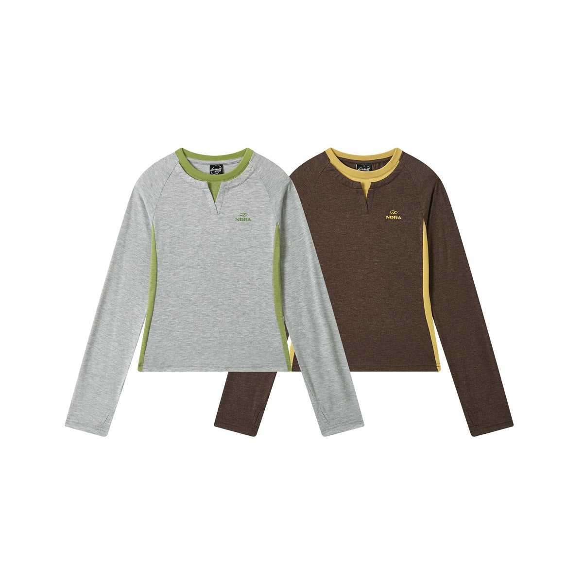 Two long-sleeve tops shown from the front: gray with green trim and dark brown with yellow trim.