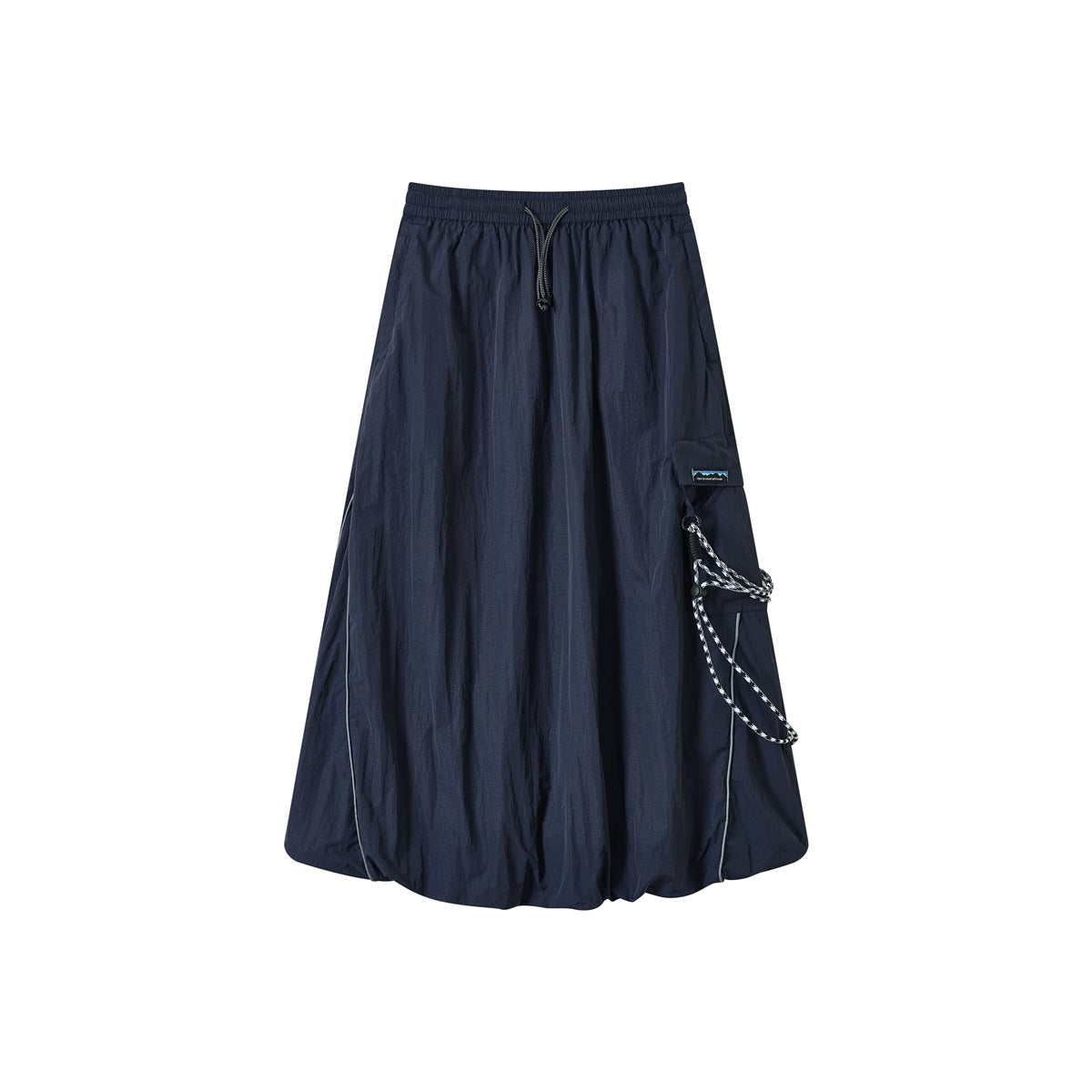 Navy blue long skirt with drawstring elastic waist, side cargo pocket, checkered cord, piping and bubble hem, flat lay