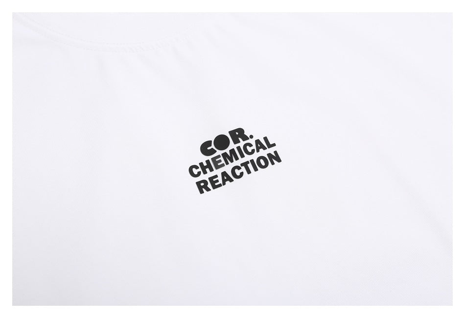 Close-up of the black stacked text logo printed on a white T-shirt.