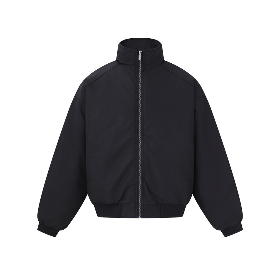 Black stand-collar zip-front bomber-style jacket with ribbed cuffs and hem, flat front view