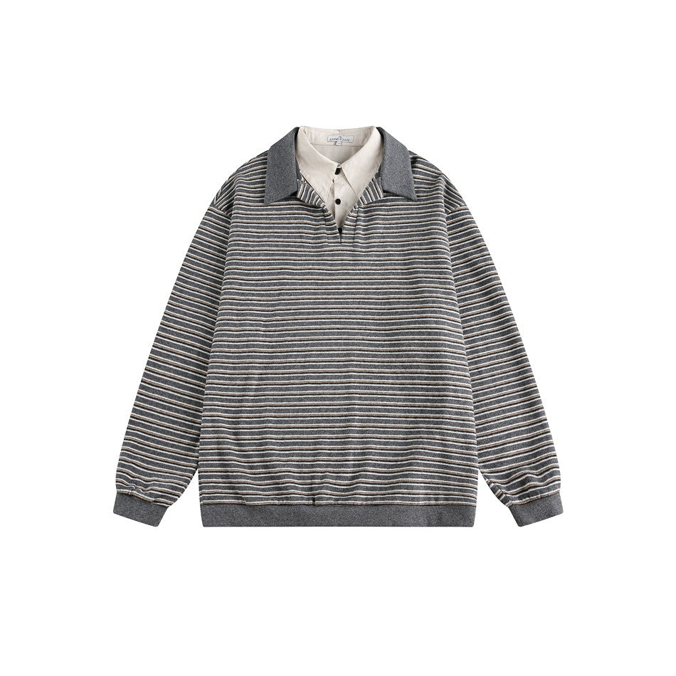 Gray striped long-sleeve pullover with polo collar and white shirt collar layer, flat lay front view