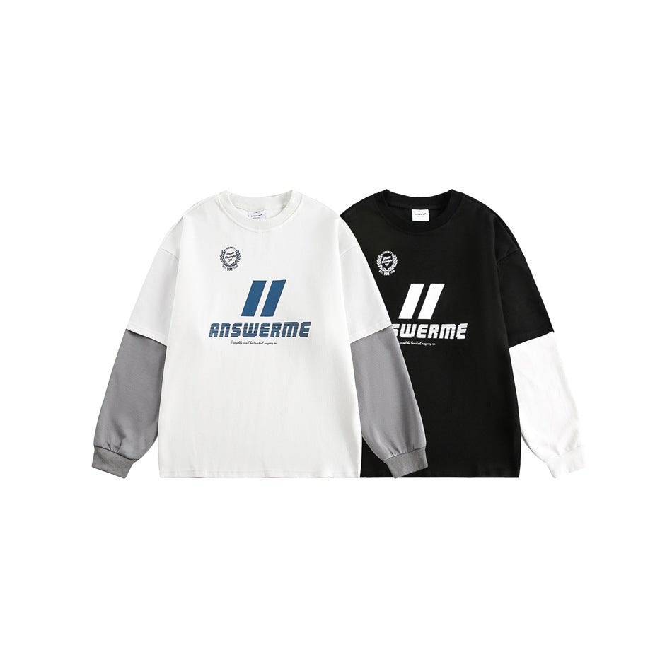 White and black graphic tees shown together, each with contrasting long sleeves: gray on white and white on black.