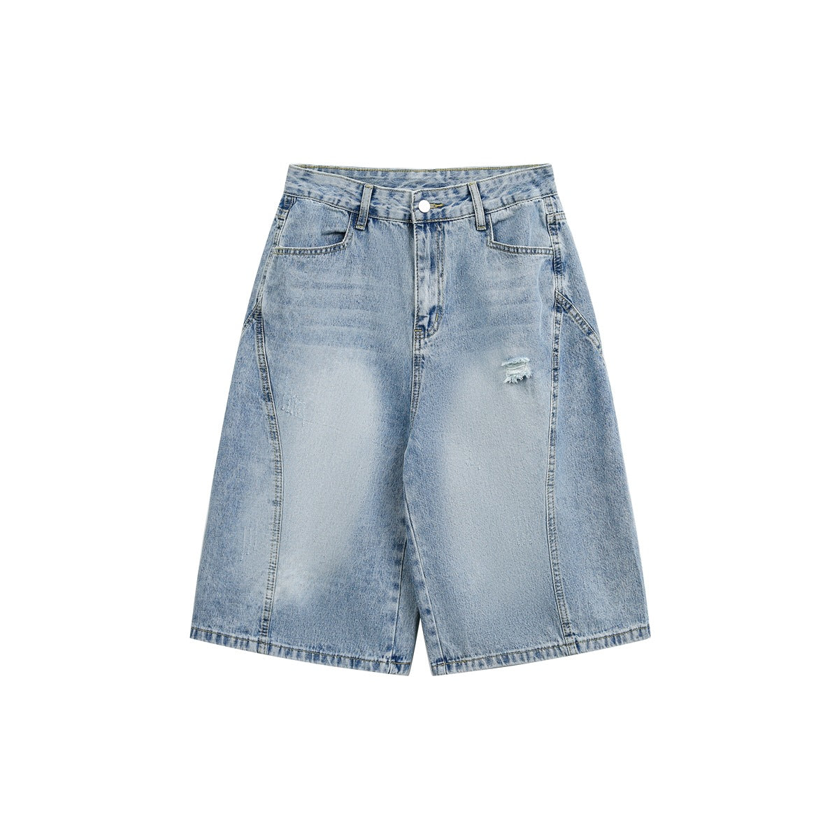 Light blue washed denim knee-length shorts with a small front rip, flat lay front view