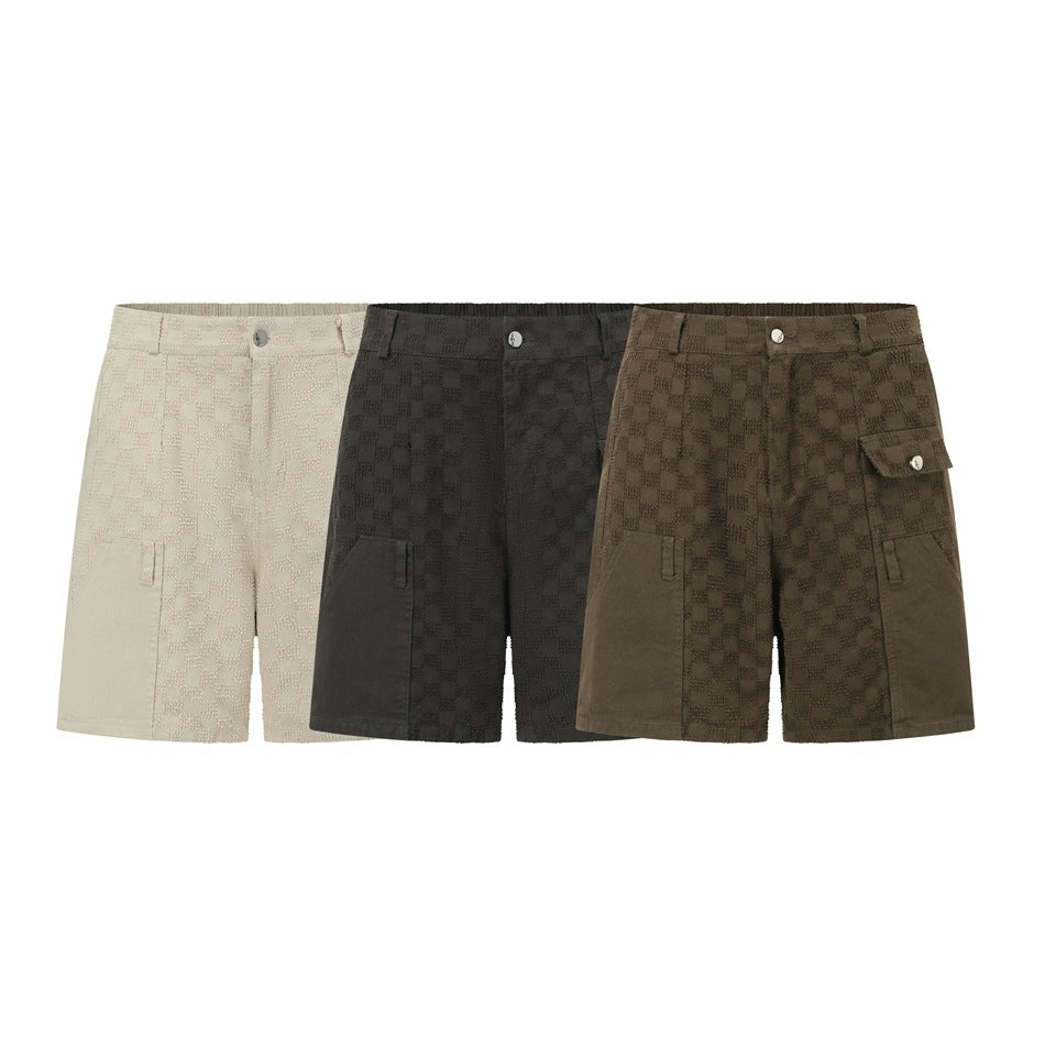 Three front views of checker-pattern shorts in cream, black, and brown, with cargo pockets.