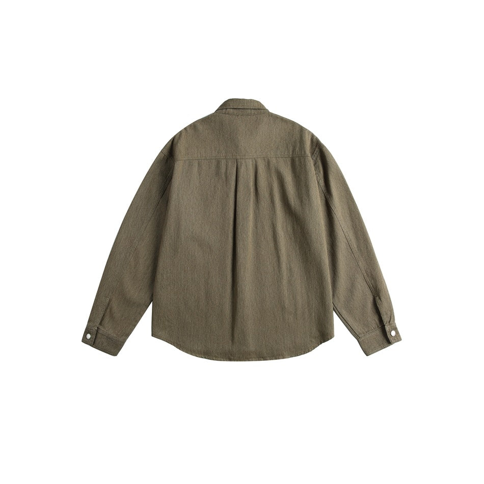 Back view of an olive-brown long-sleeved button-front overshirt with a center pleat and snap cuffs.