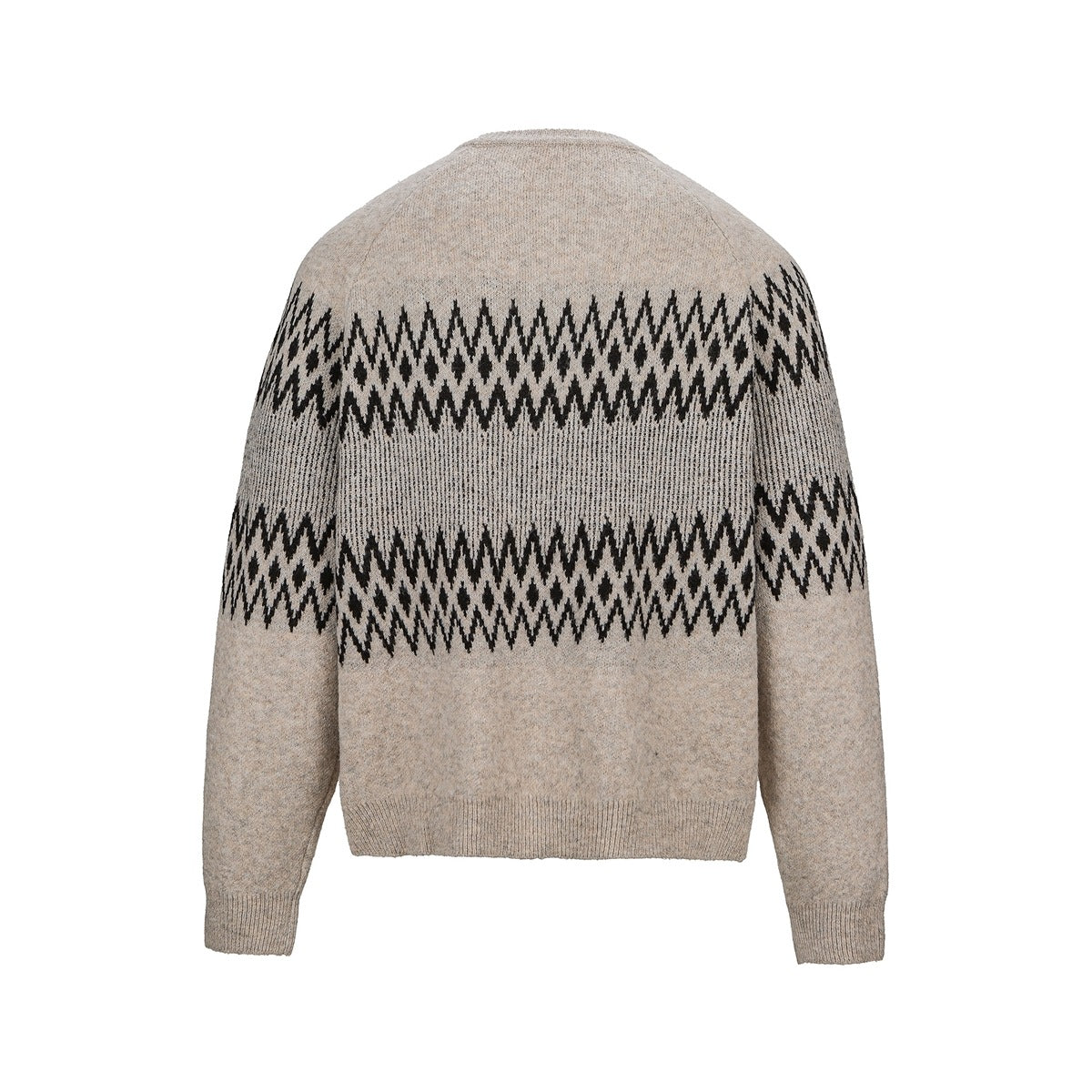 Back view of a beige cardigan with two black geometric bands across the body and sleeves.