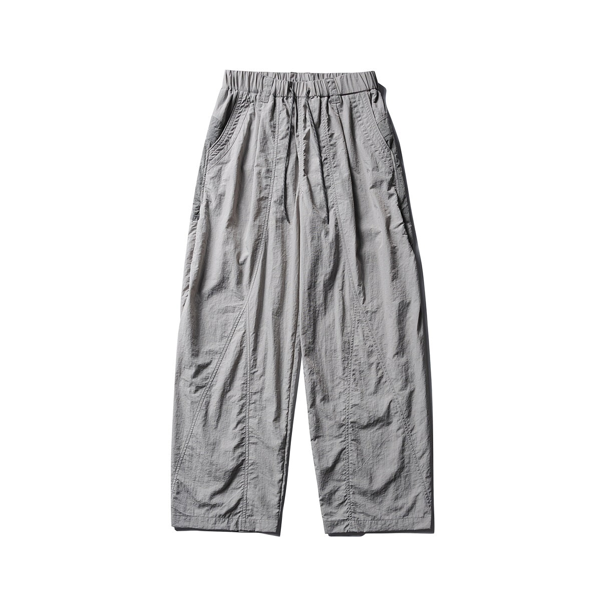 Light gray wide-leg drawstring pants with elastic waist, side pockets and curved seam details, flat lay front view
