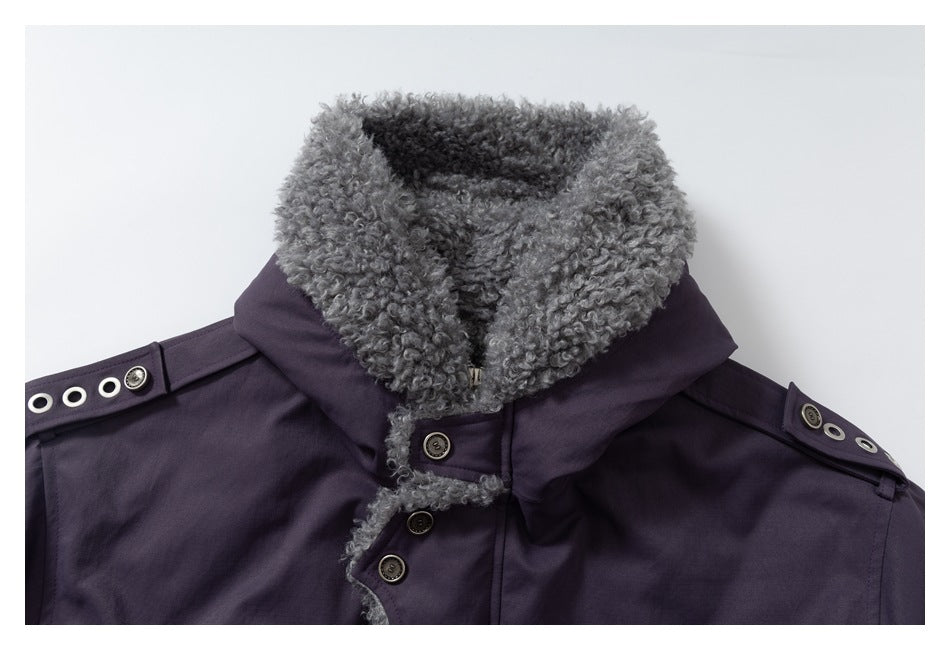Close-up of the parka's thick gray textured collar, deep plum fabric and front buttons.