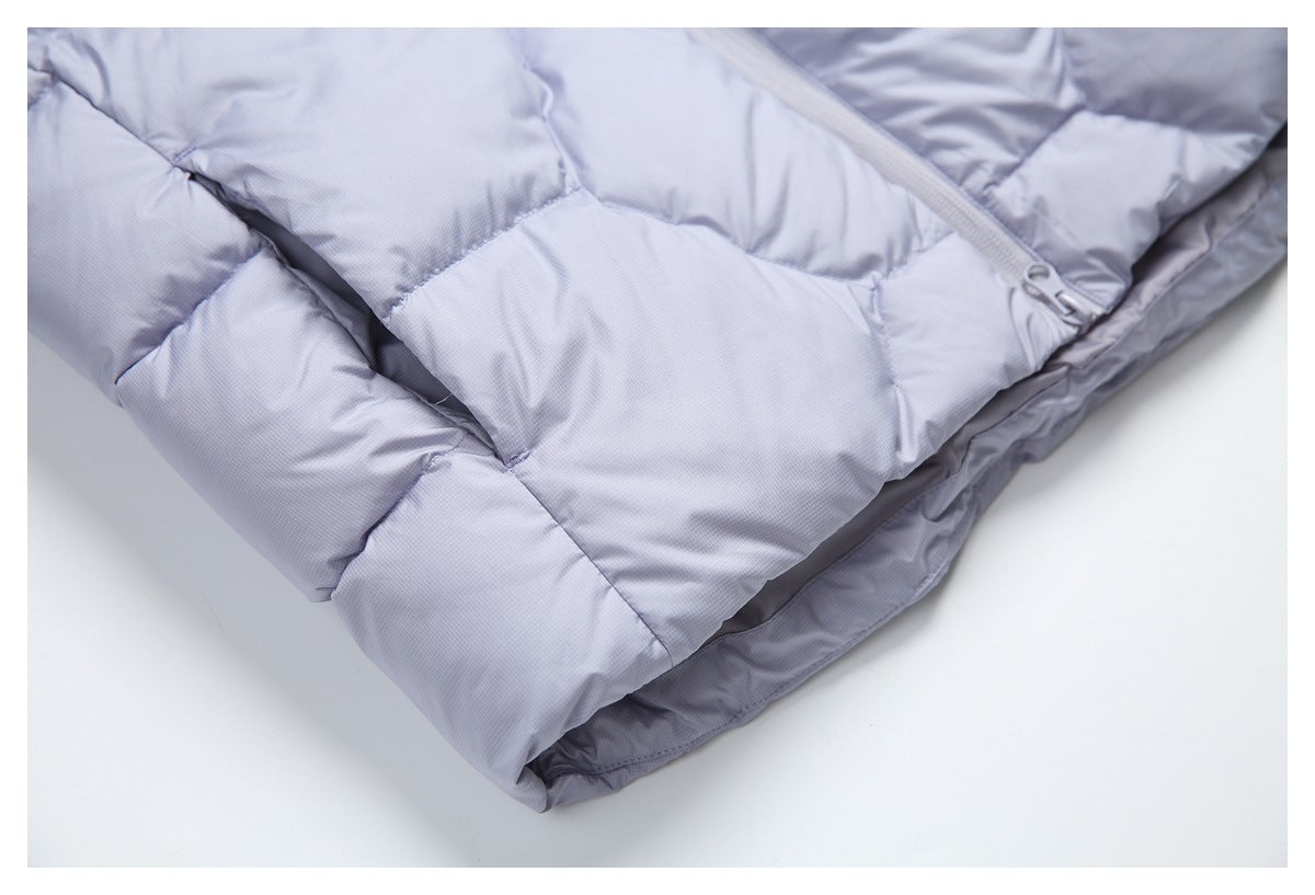 Close-up of the pale lavender quilted jacket's lower front, hem edge, and zipper.