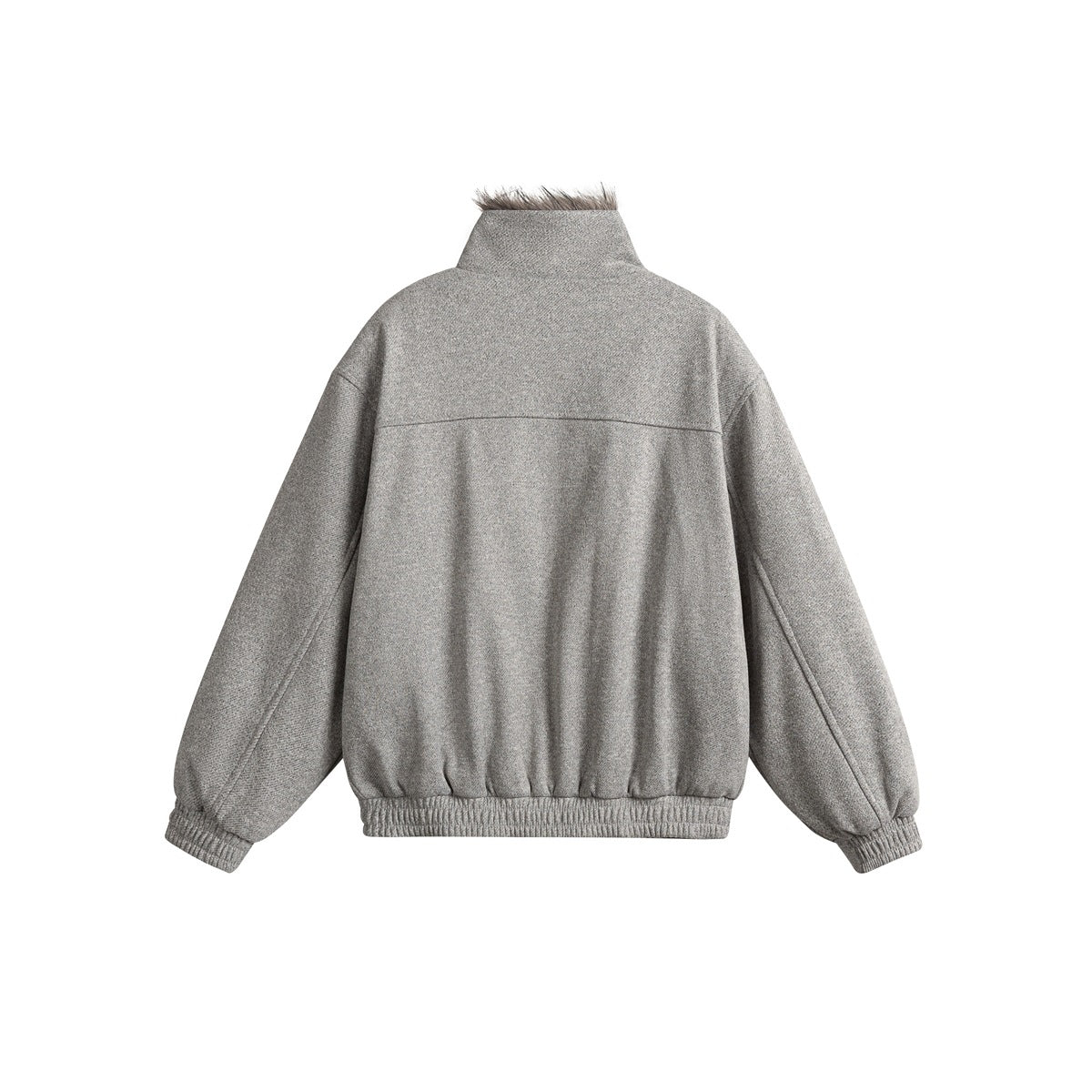 Back view of a gray jacket with a high collar, curved shoulder seam, and gathered elastic hem and cuffs.