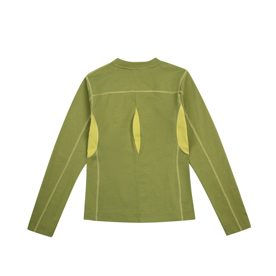 Back view of an olive green long-sleeve top with yellow side and center panels.