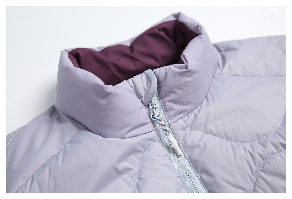 Close-up of the lavender jacket's high collar, burgundy lining, and front zipper with a corded pull.