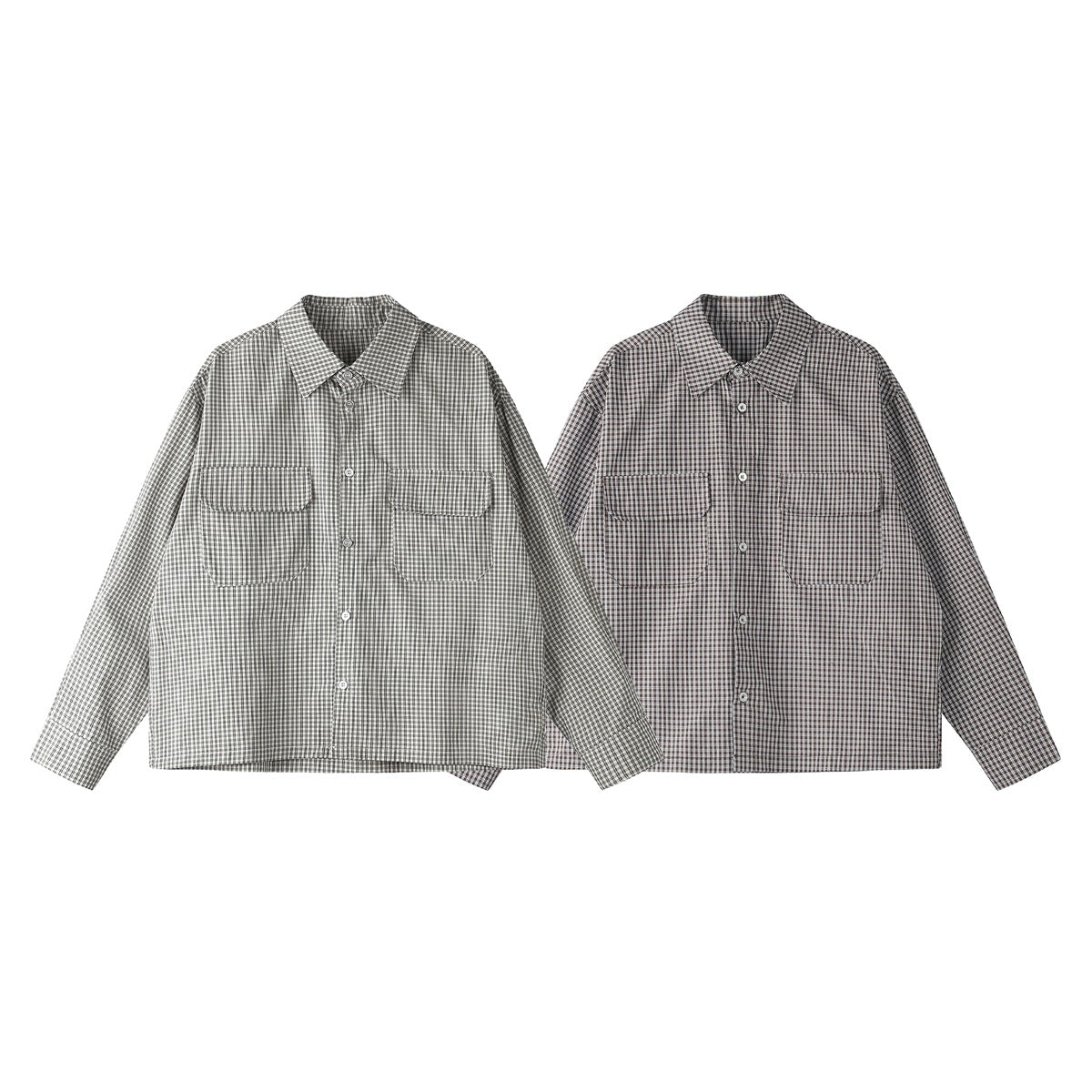 Two long-sleeved checked button-up shirts shown side by side in muted gray and brown colorways.