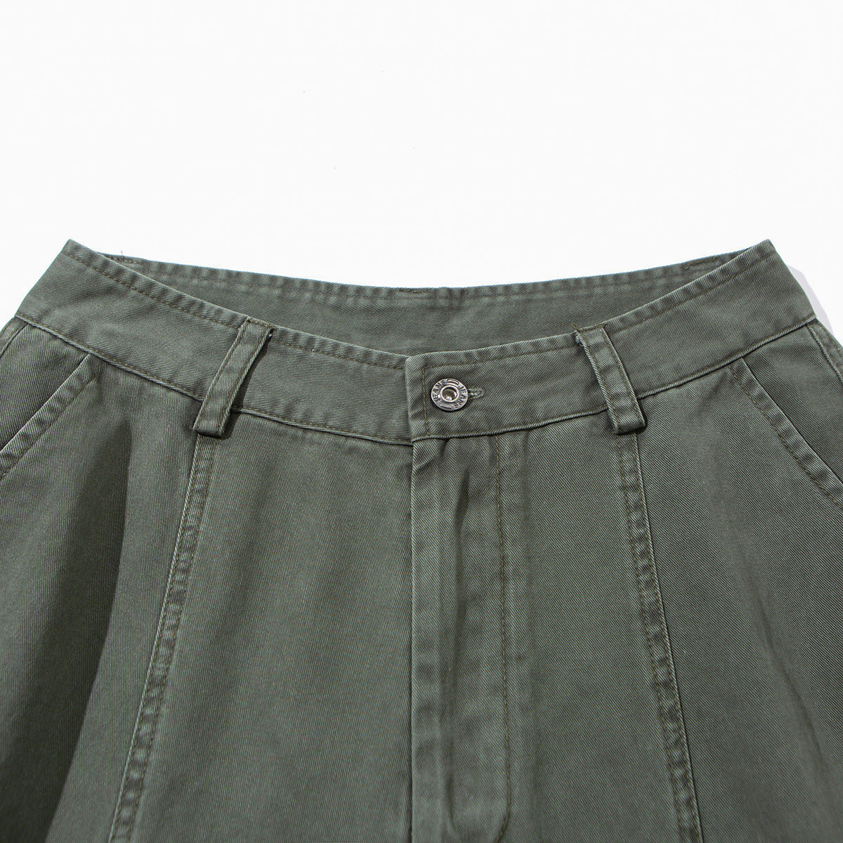 Close-up of gray-green pants showing the waistband, button, belt loops, and front seams.