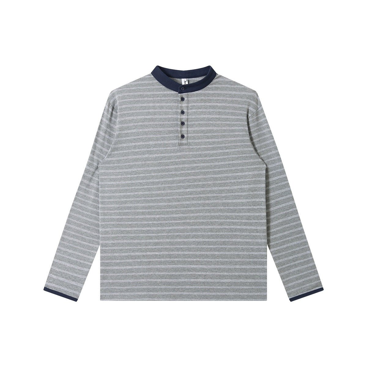 Gray striped long-sleeve henley top with navy band collar, four navy buttons and navy cuff trim, flat front view