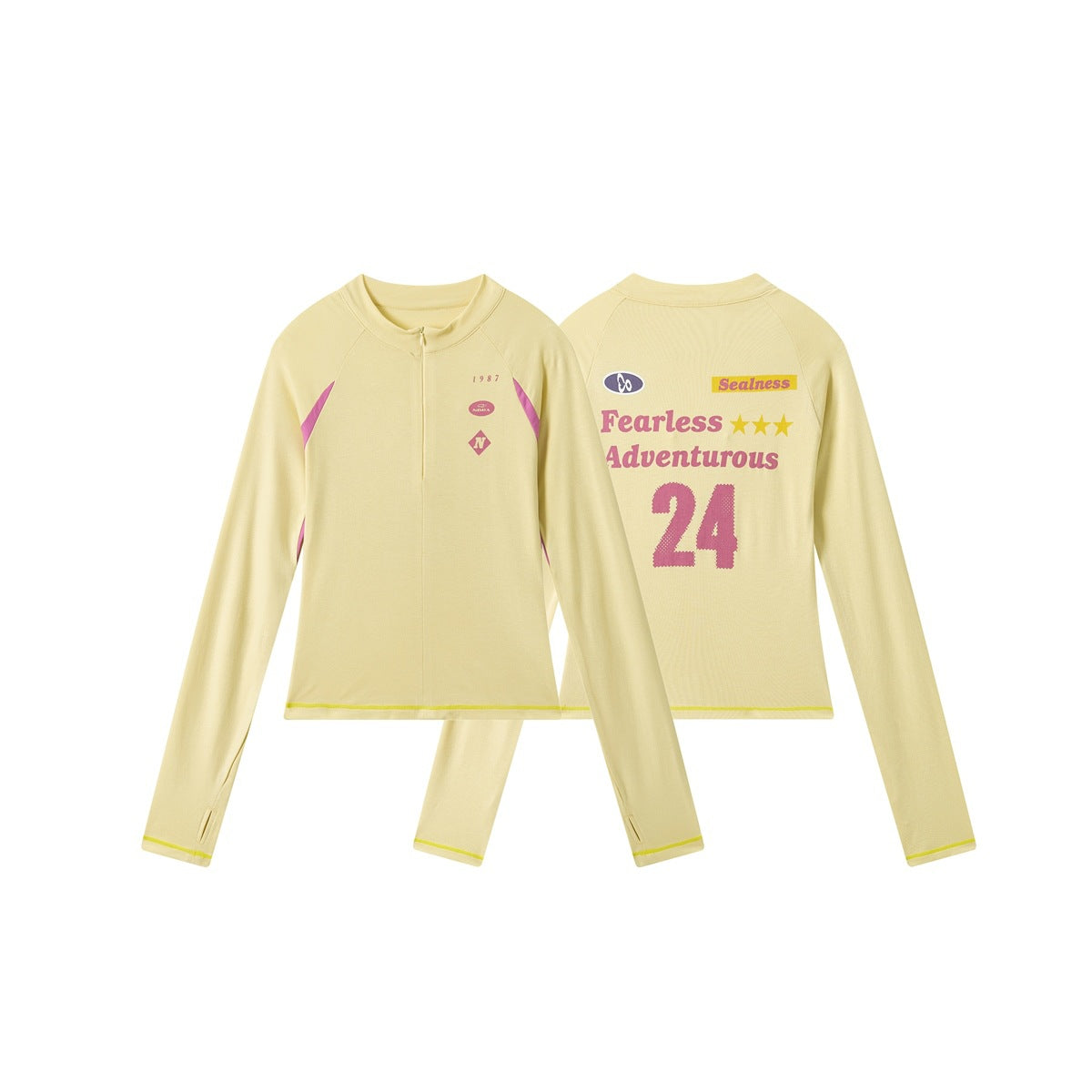 Pale yellow long-sleeve zip-up top shown from the front and back, with pink graphics and lime edging.