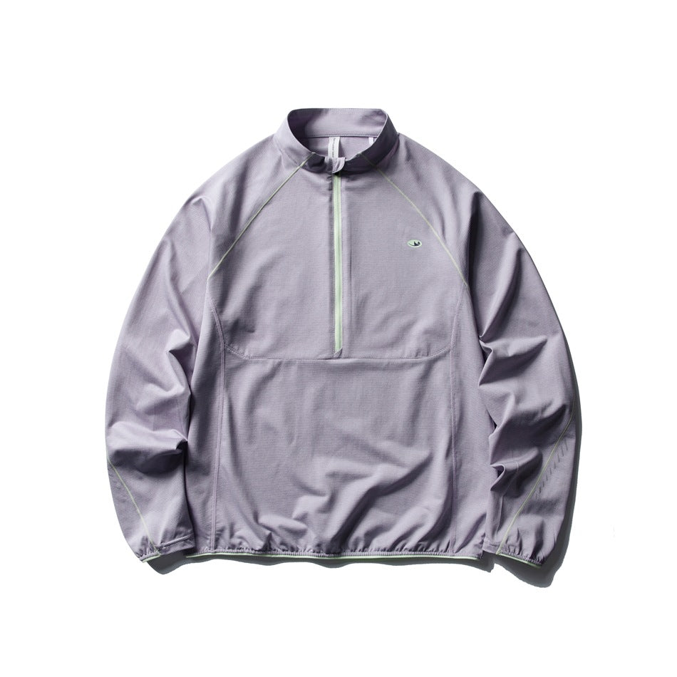 Misty gray purple half-zip stand-collar pullover with light green zipper and piping, flat lay front view