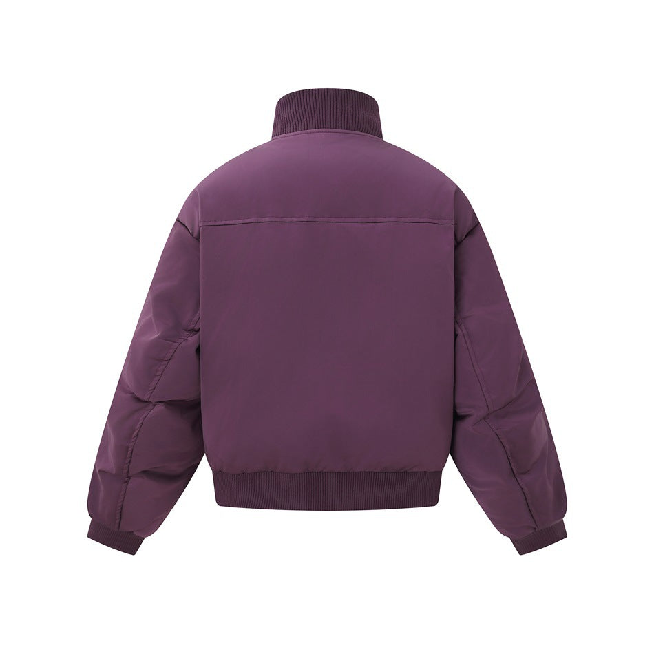 Back view of a plum-purple jacket with a high ribbed collar, ribbed cuffs and hem, and a plain back panel.