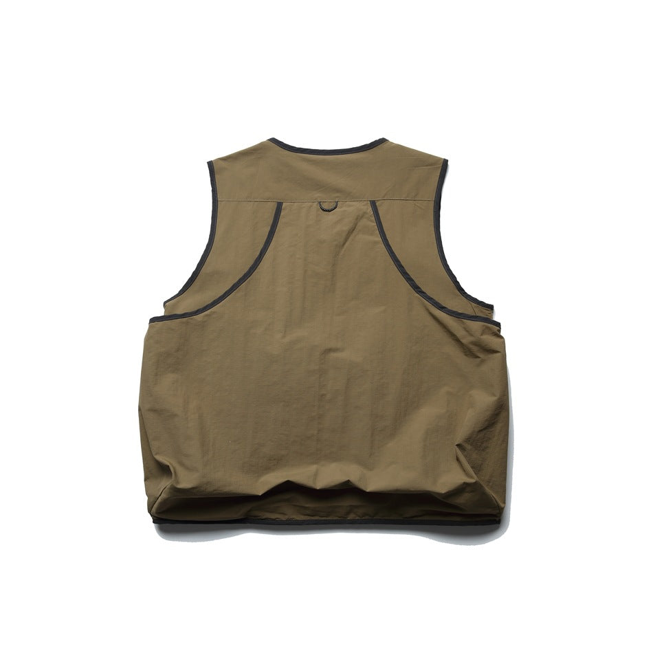 Back view of khaki utility vest with plain back panel, curved seams and dark gray binding