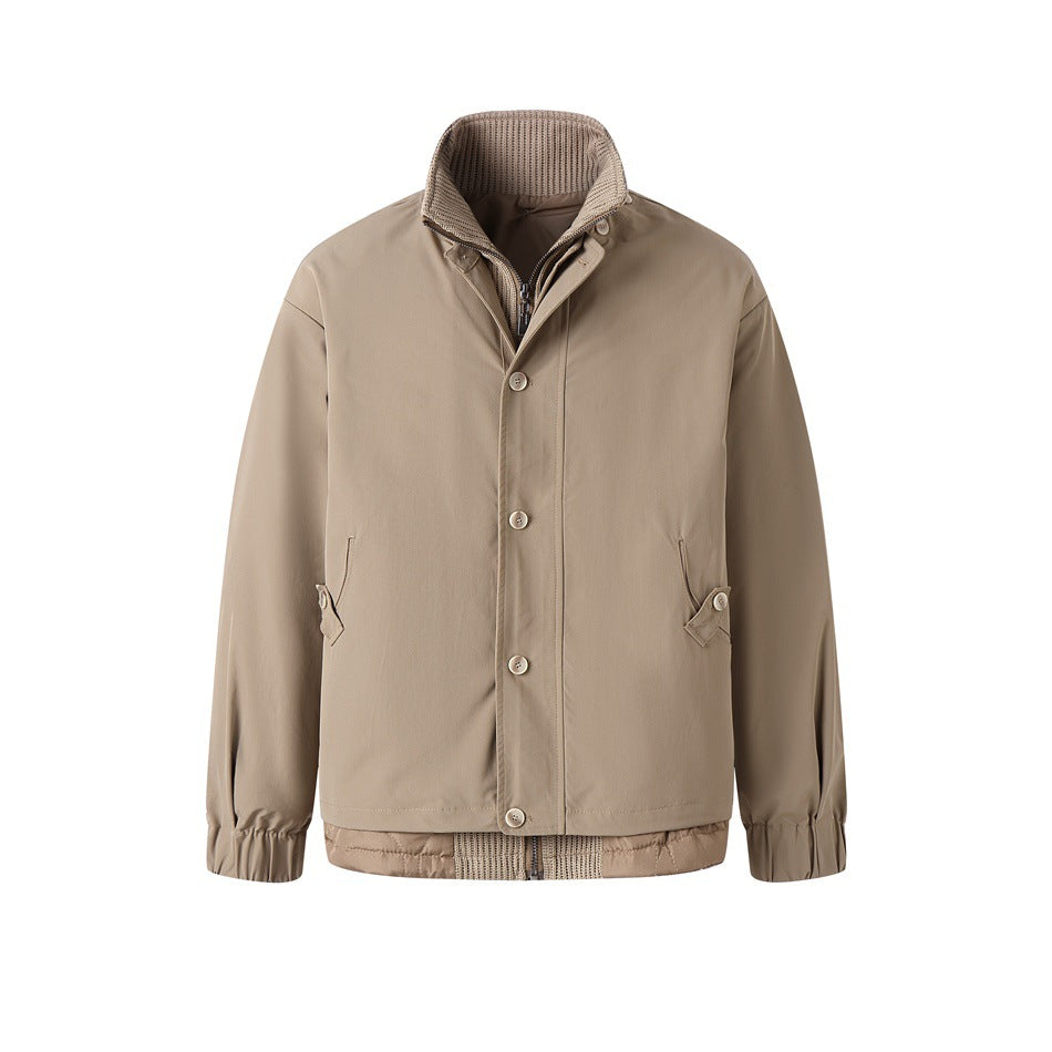Khaki stand-collar jacket, front view, with button placket, knit inner collar, side tab pockets and elastic cuffs