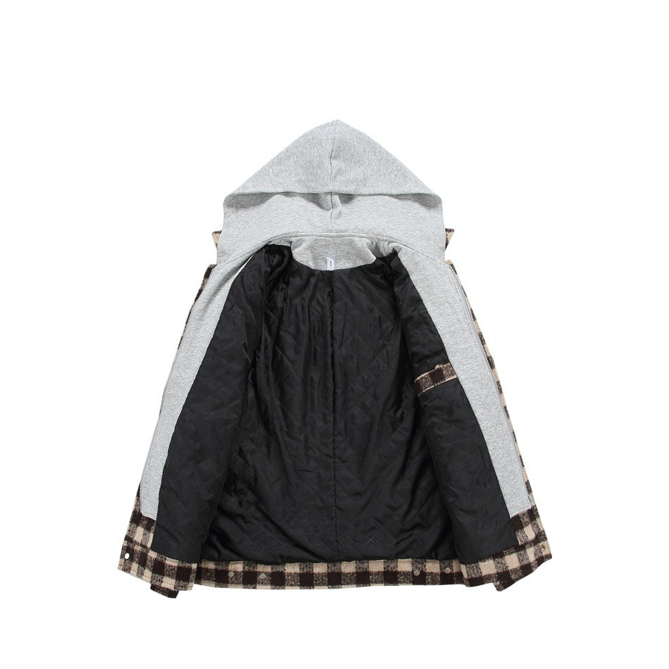 Open jacket showing its black quilted lining, gray hood lining, and plaid outer fabric.