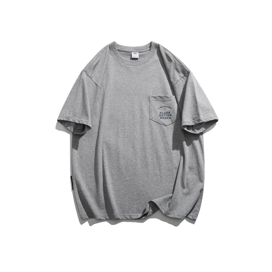 Heathered gray short-sleeve crew-neck T-shirt with chest pocket and small text print, flat front view