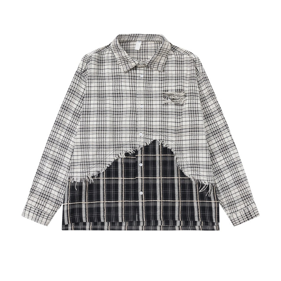 Beige and black plaid long-sleeve shirt with frayed asymmetric hem and black plaid lower panel, flat lay front view