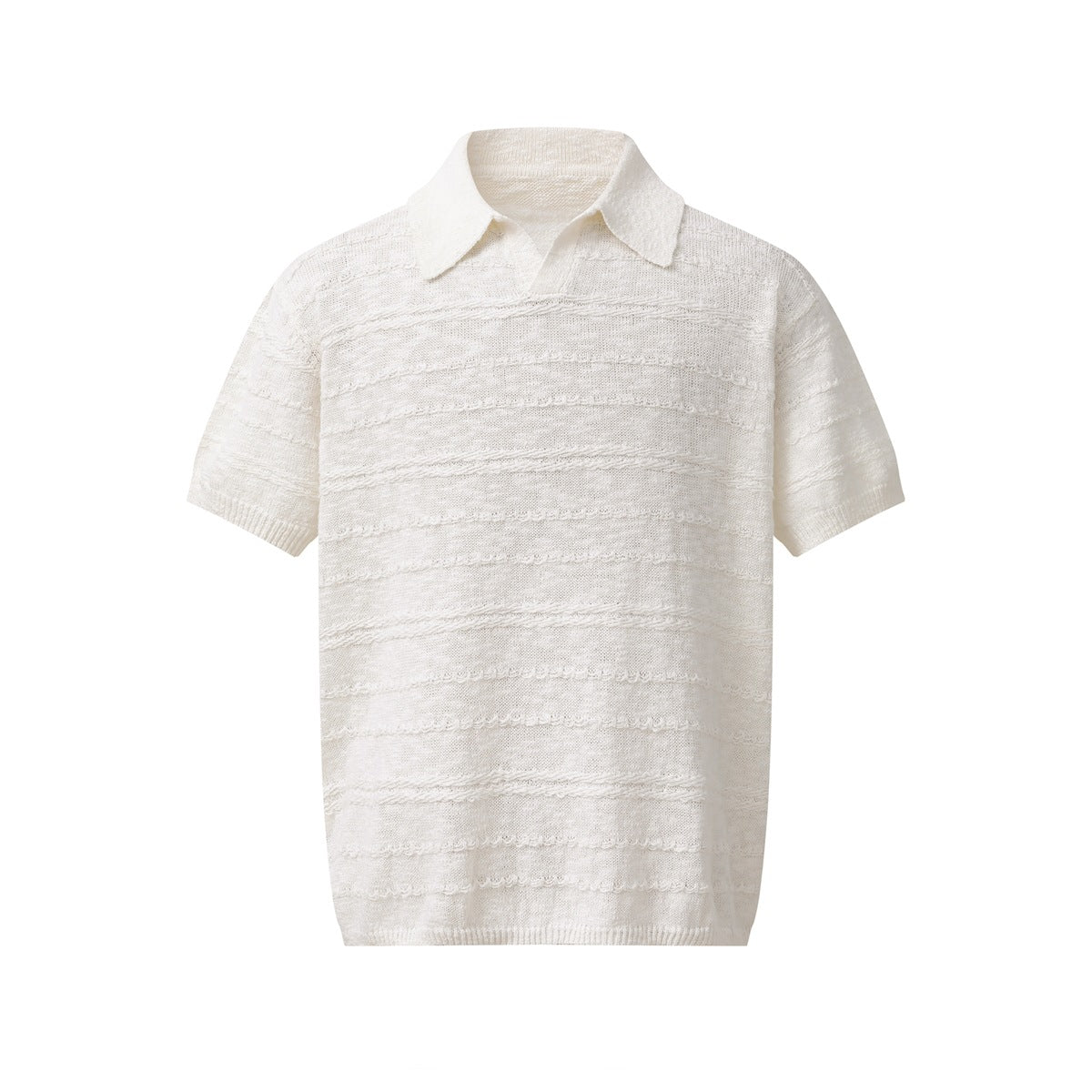 Off-white short-sleeve knit polo with open V collar and textured horizontal stripes, front flat view