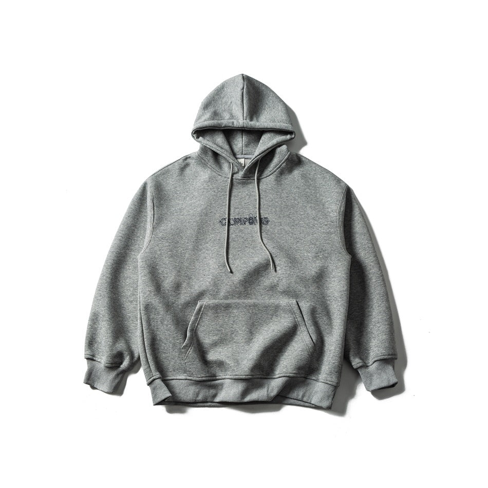 Front view of a heather gray pullover hoodie with drawstrings, ribbed cuffs and hem, and a kangaroo pocket.