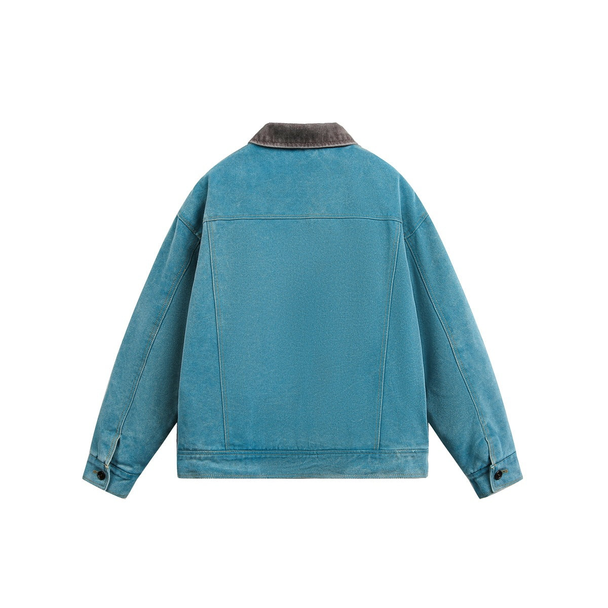 Back view of a teal-blue jacket with a dark brown collar, panel seams, and buttoned cuffs.