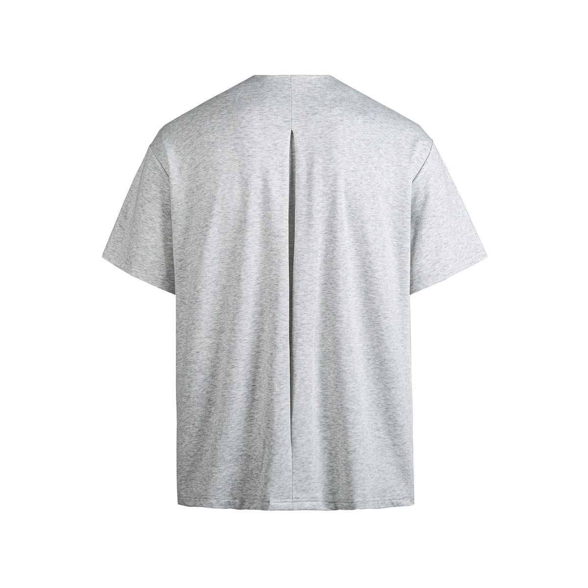 Heather gray short-sleeve T-shirt back view with center back pleat and drop shoulders