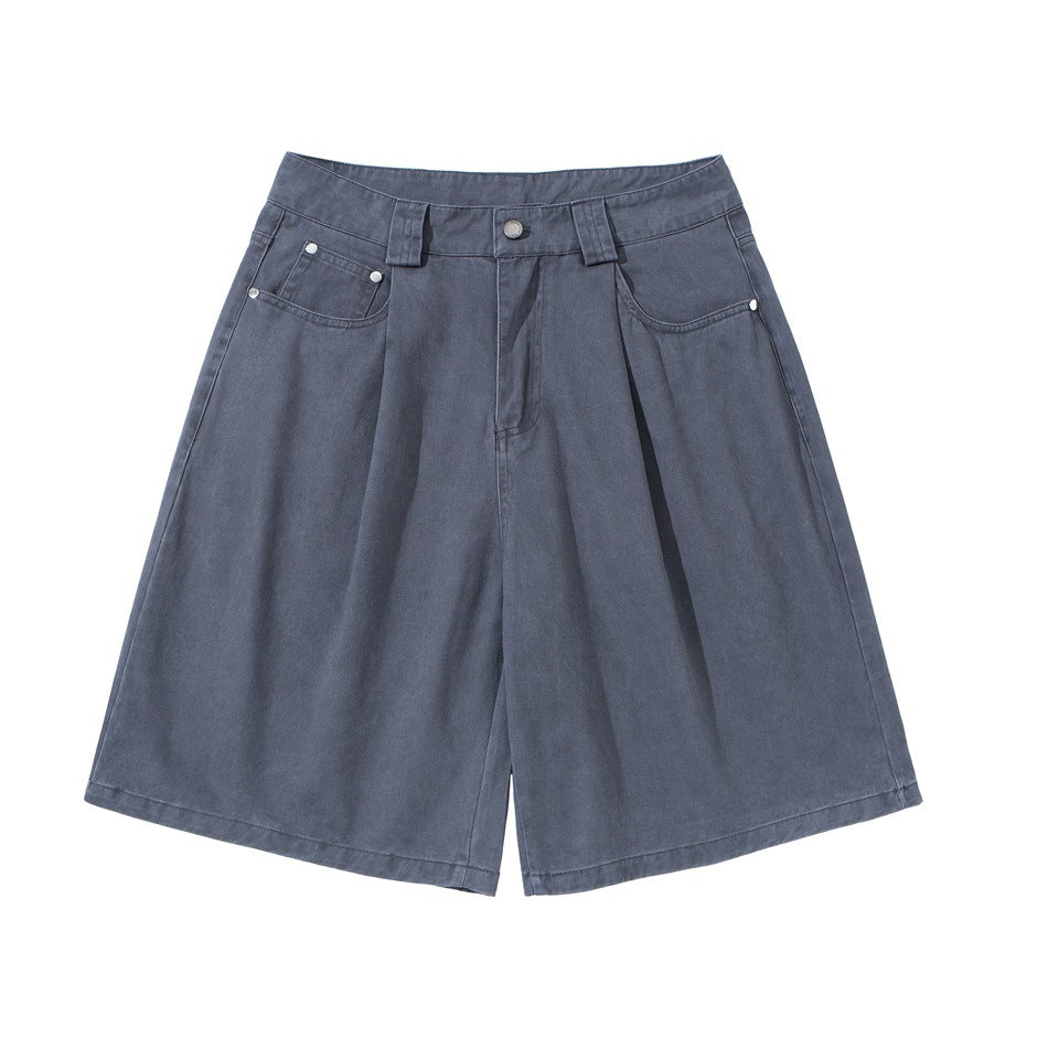 Gray-blue pleated wide-leg knee-length shorts, front flat lay with button fly and front pockets