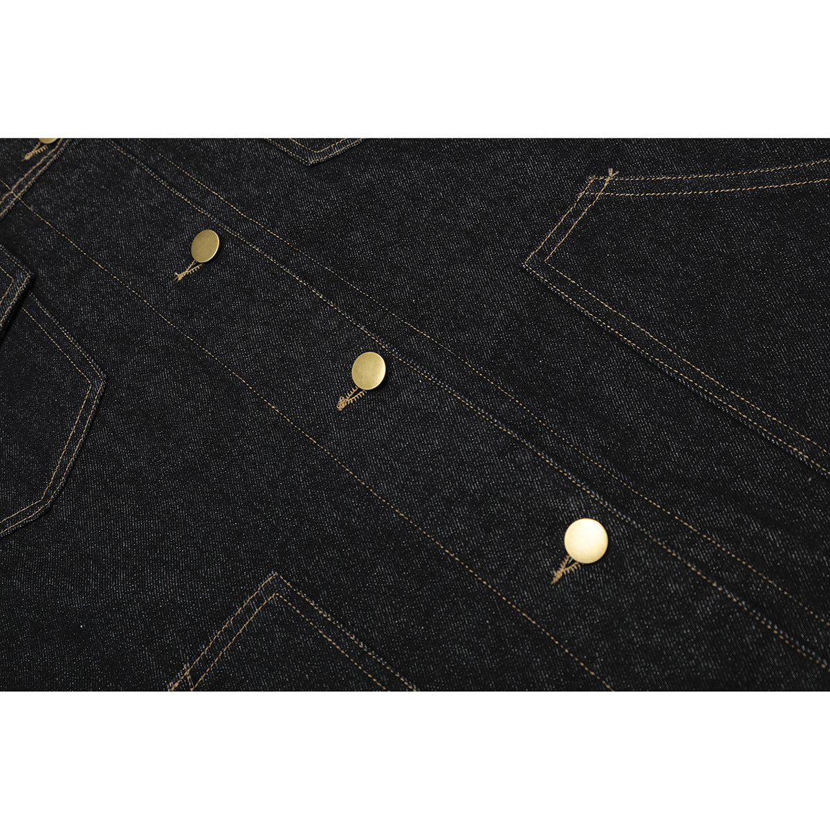 Close-up of dark denim jacket fabric, contrast stitching, flap pockets, and gold-tone buttons.