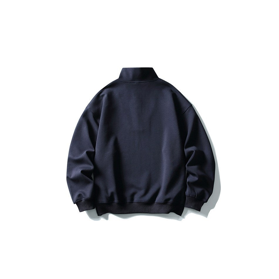 Navy stand-collar sweatshirt, flat lay back view with ribbed cuffs and hem