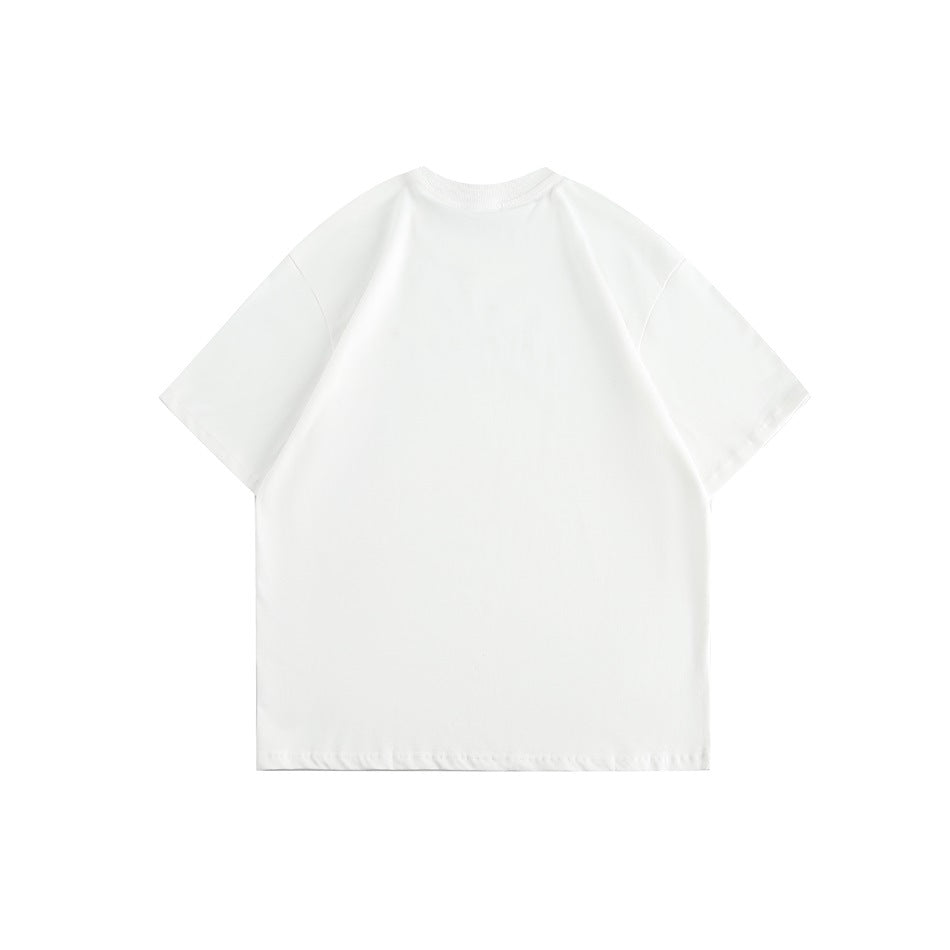 Back view of a plain white short-sleeve crew-neck T-shirt with ribbed collar and dropped shoulders