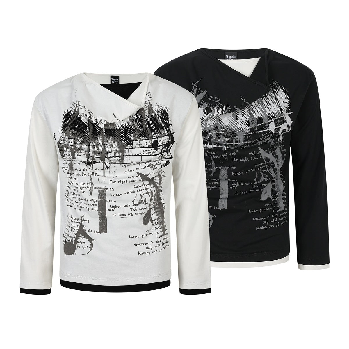White and black long-sleeve wrap-neck shirts with matching monochrome graphic prints, shown together.