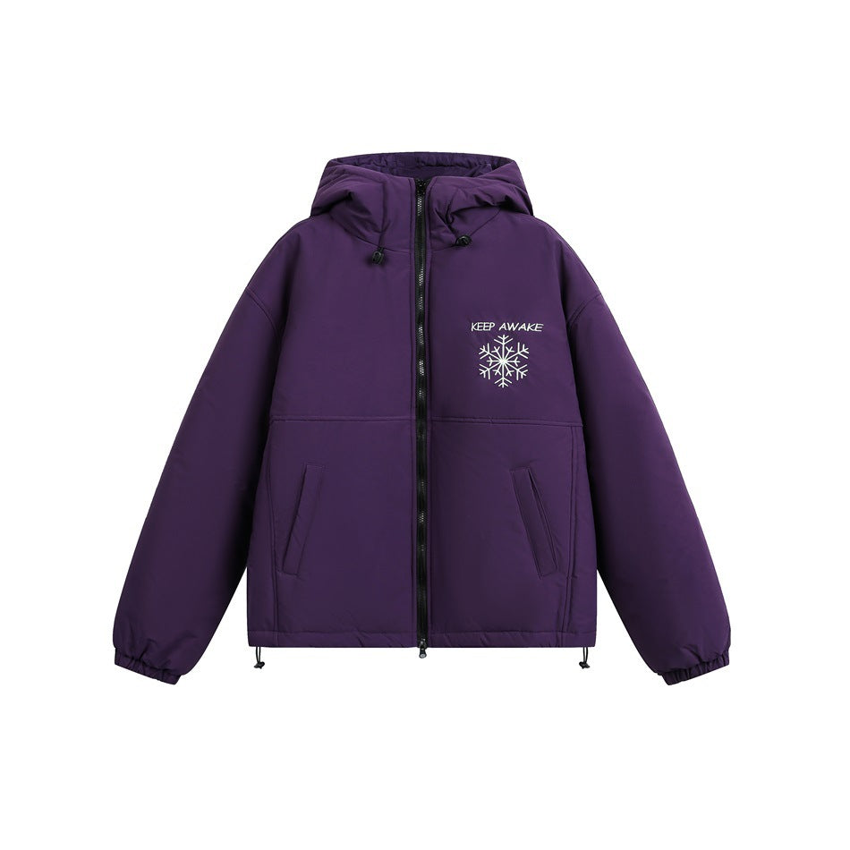 Purple hooded zip-up jacket with a white embroidered snowflake and KEEP AWAKE text on the chest, front view