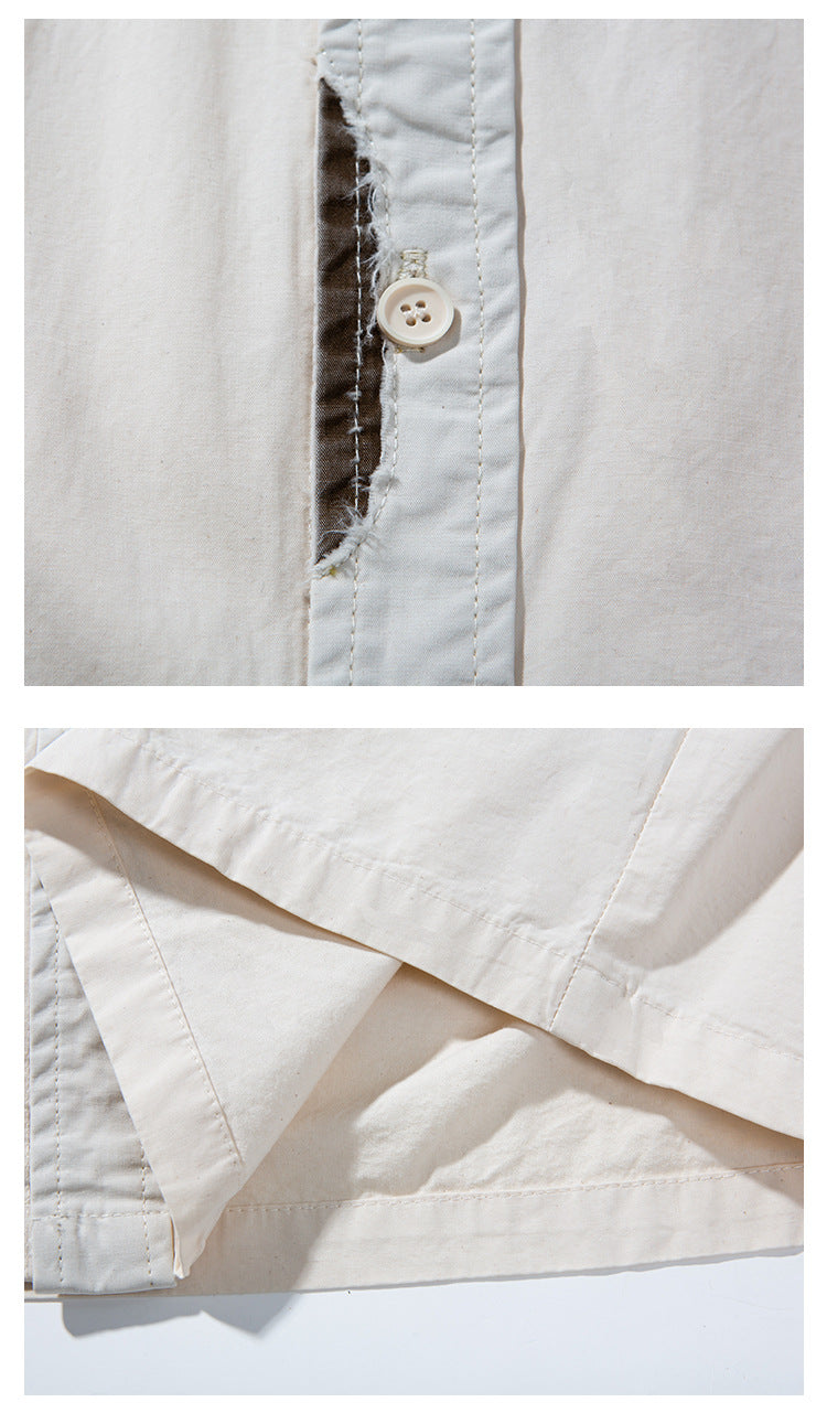 Close-ups of the off-white shirt's button placket, stitching, and hem construction.