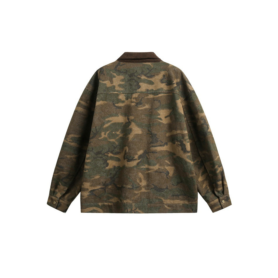 Back view of a brown-and-olive camouflage jacket with a dark collar, long sleeves, button cuffs, and a straight hem.