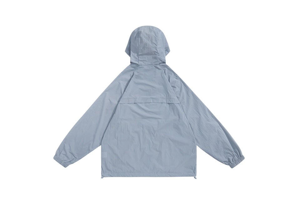 Back view of a light blue-gray hooded jacket displayed flat, with a horizontal back vent panel.