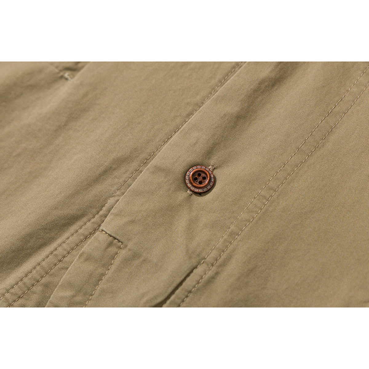 Close-up of a brown button and stitching on khaki jacket fabric.