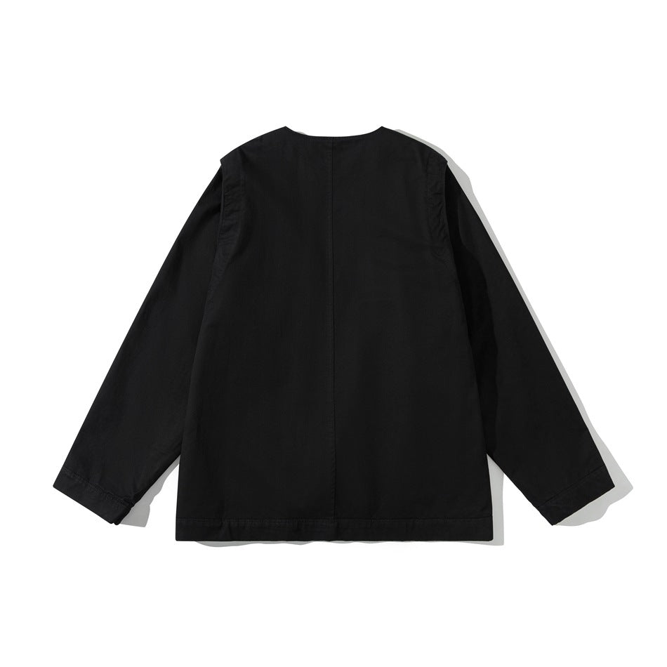 Back view of a black long-sleeved jacket with a straight hem and center-back seam.