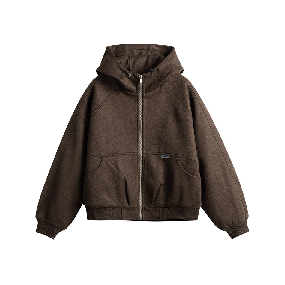Coffee brown hooded zip jacket with drawstring hood, pleated pouch pockets and ribbed trim, flat front view